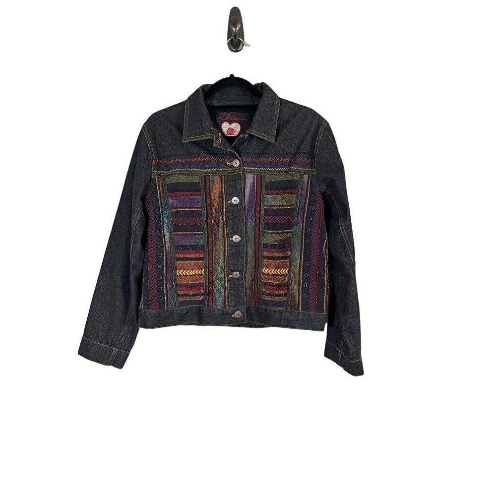 Chicos Jacket Women M Gray Denim Striped Embroidery Western Aztec Boho Retro 80s